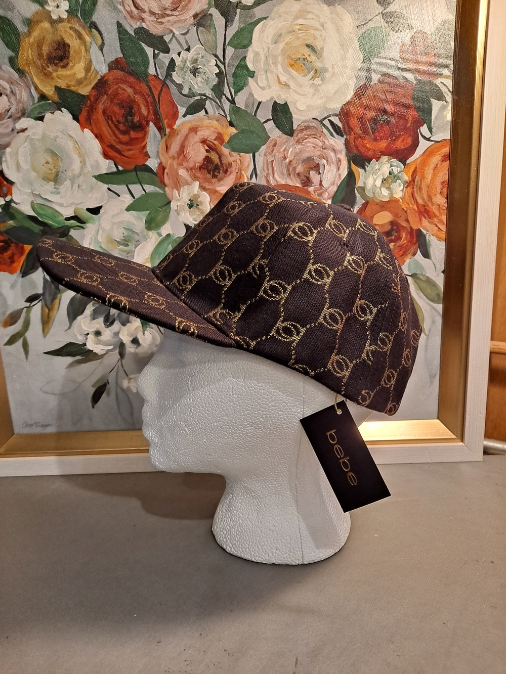 bebe Black Jacquard Baseball Cap with Gold Logo Print Casual Hip Streetwear Y2k